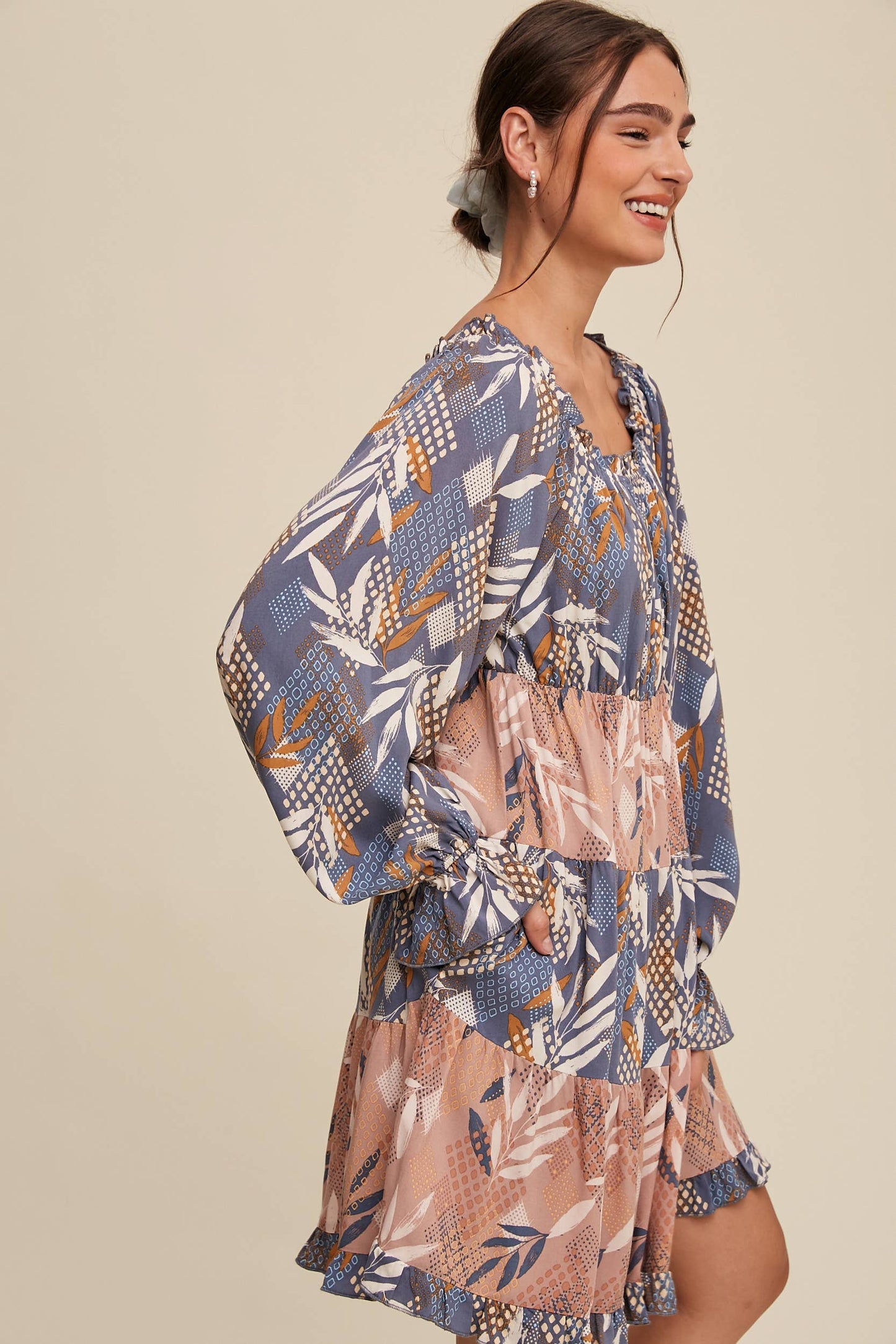 Patchwork Puff-Sleeve Tiered Mini Dress