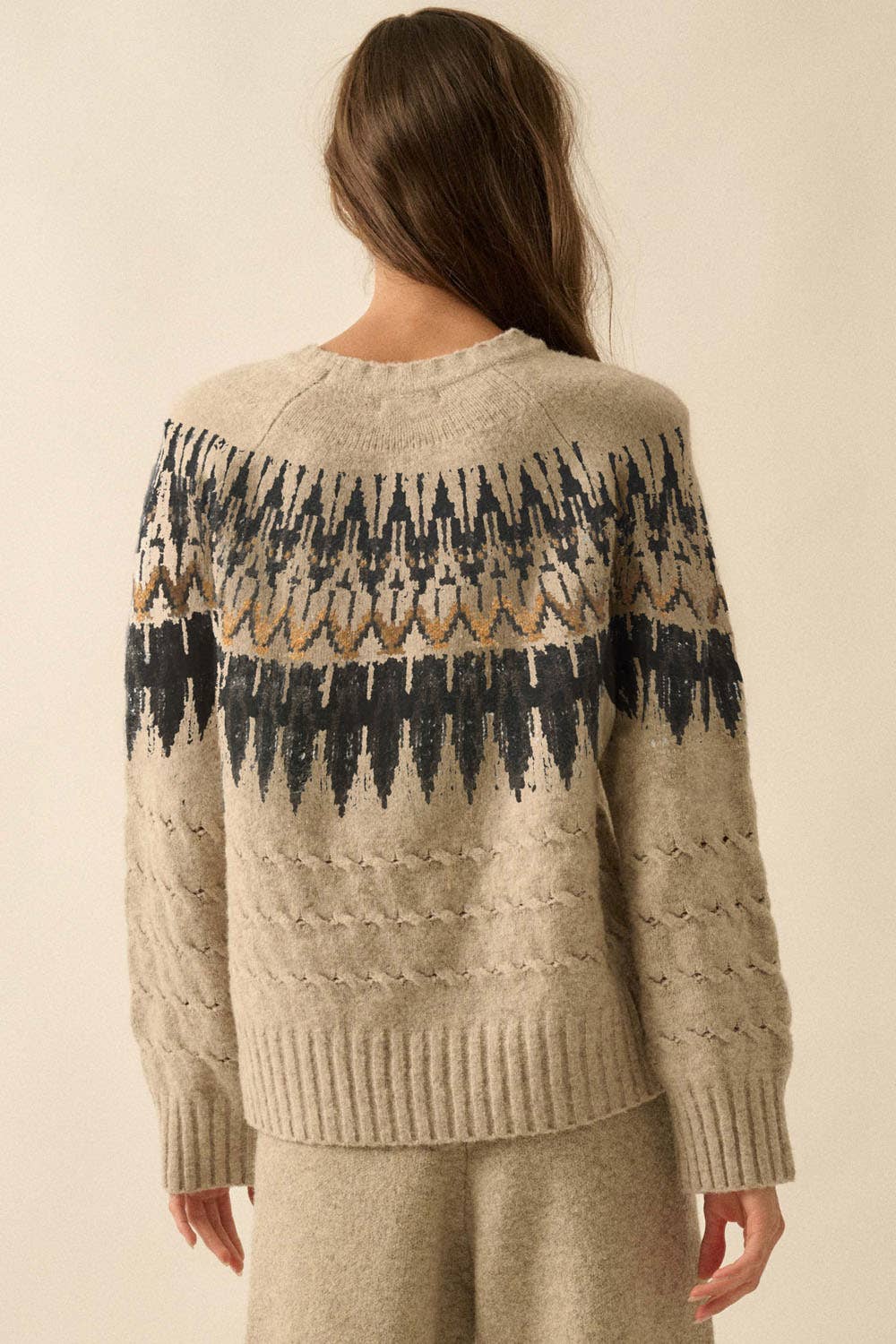 Cable Knit Fair Isle Raglan Sleeve Sweater