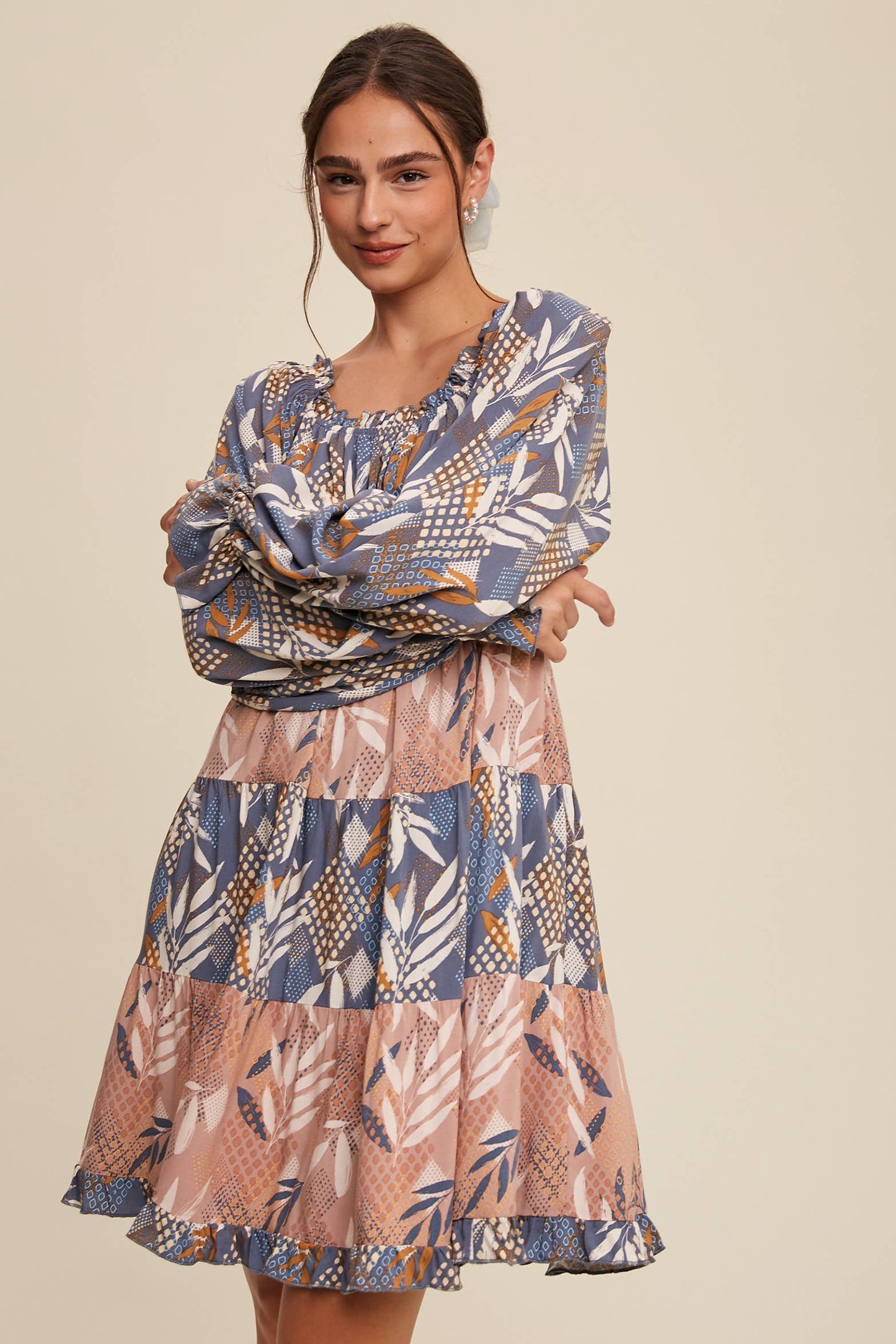 Patchwork Puff-Sleeve Tiered Mini Dress
