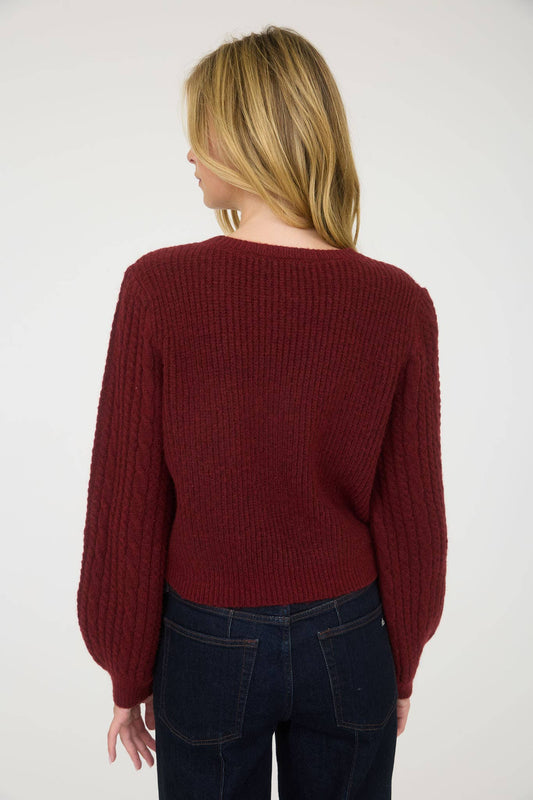 CABLE KNIT FRONT VELVET BOW DETAIL KNIT SWEATER