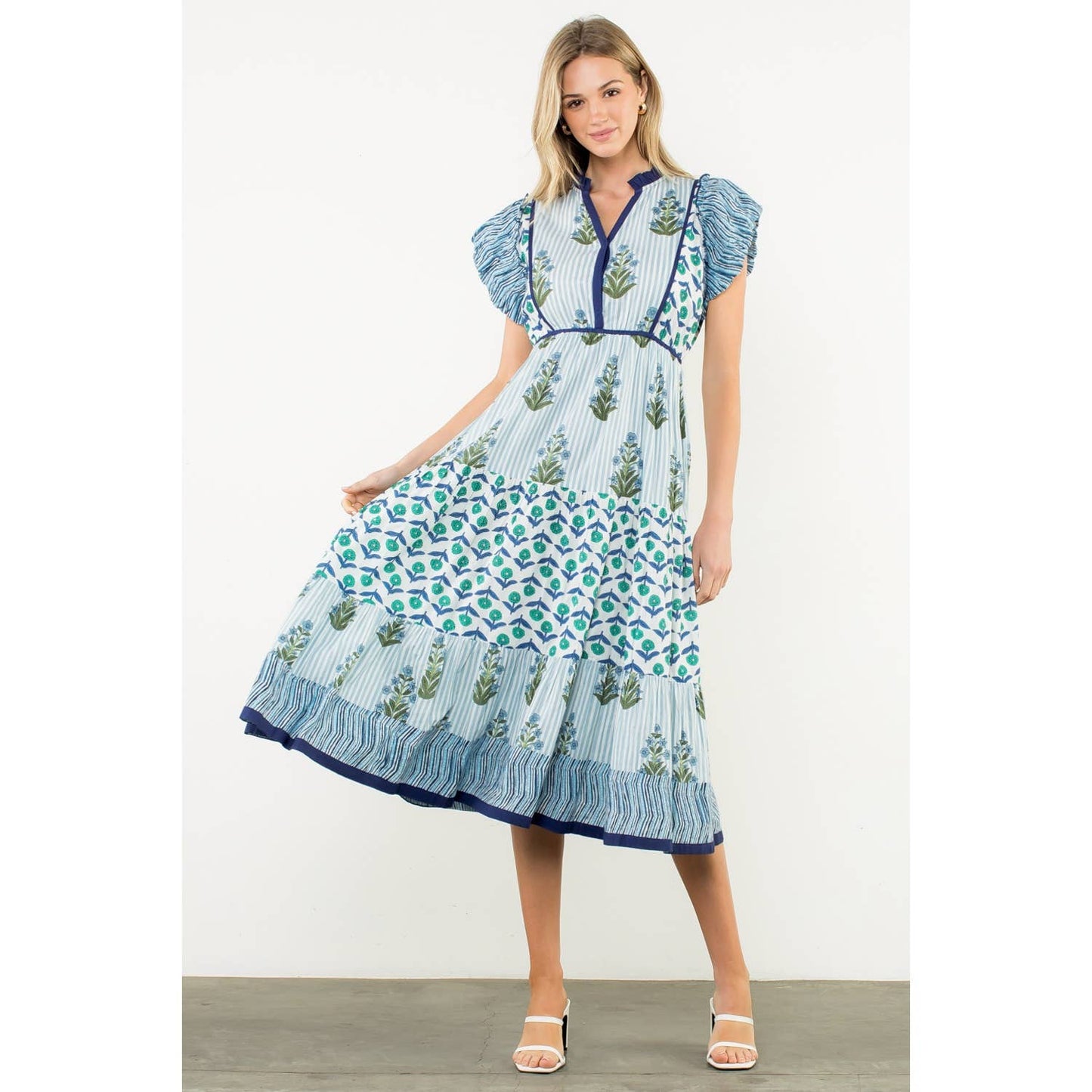 Striped Flutter Sleeve Floral Maxi Dress