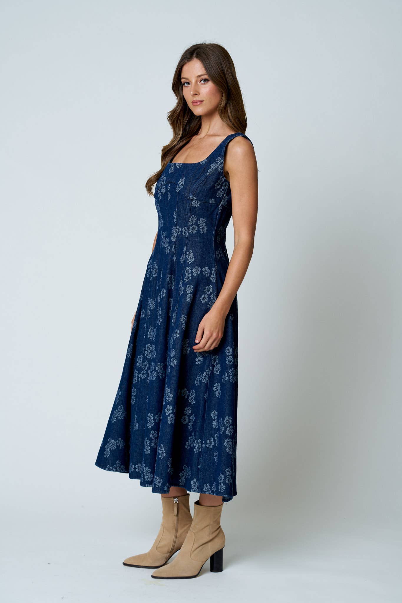 FLORAL JACQUARD CORSET DETAIL DENIM MIDI DRESS