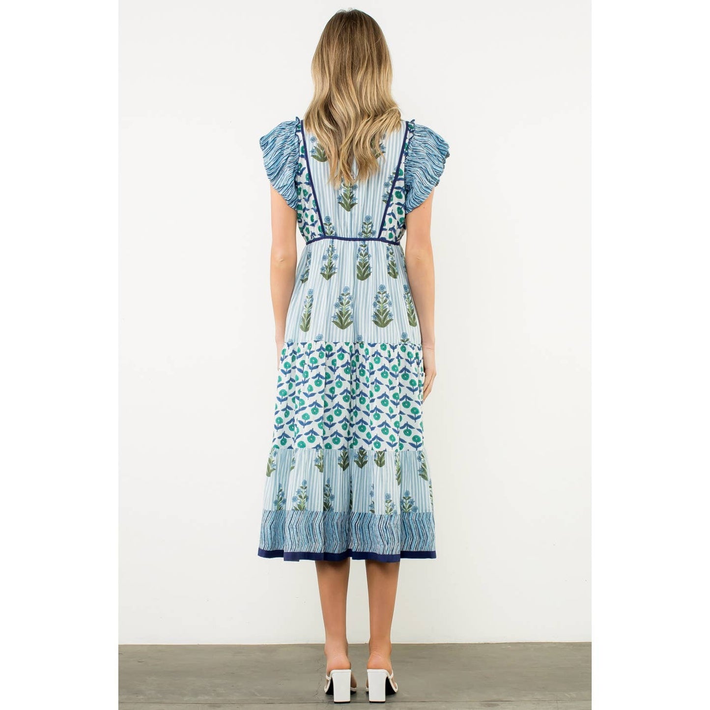 Striped Flutter Sleeve Floral Maxi Dress