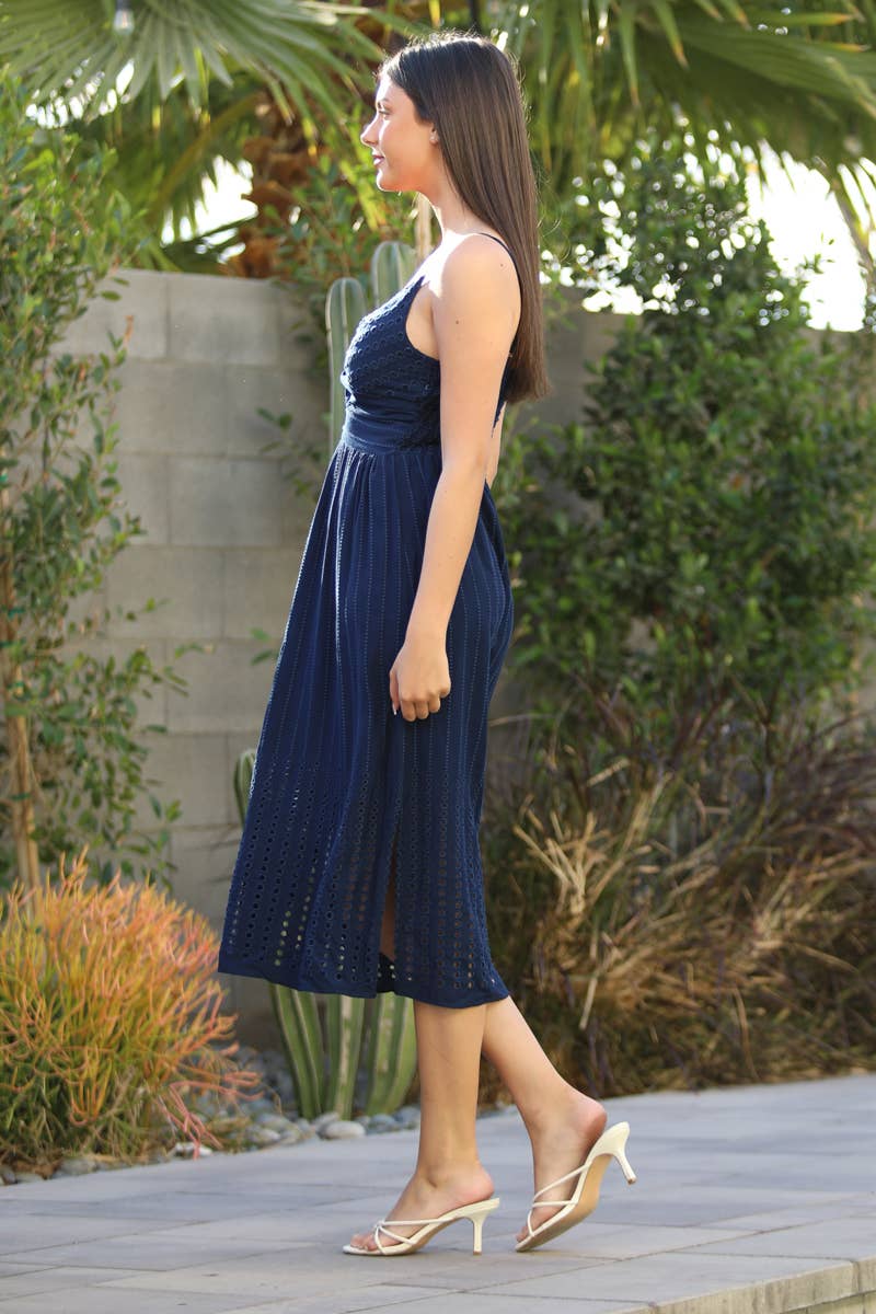 EYELET EMBROIDERED TWIST FRONT MIDI DRESS