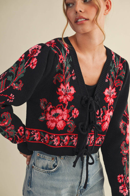 FLORAL KNIT TIE-FRONT CROPPED SWEATER CARDIGAN