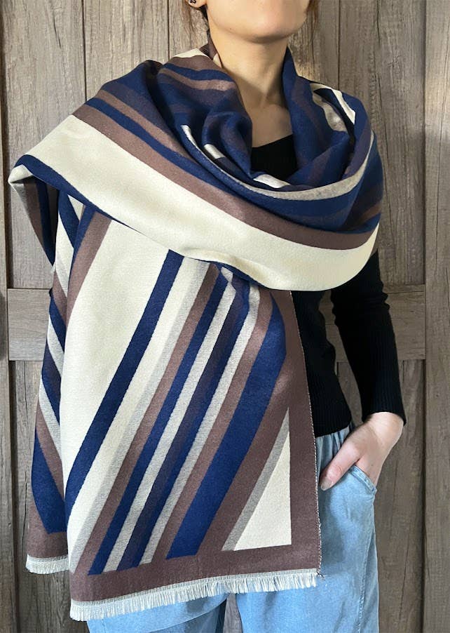 Elegant Geometric Striped Cashmere Large Wrap Scarf