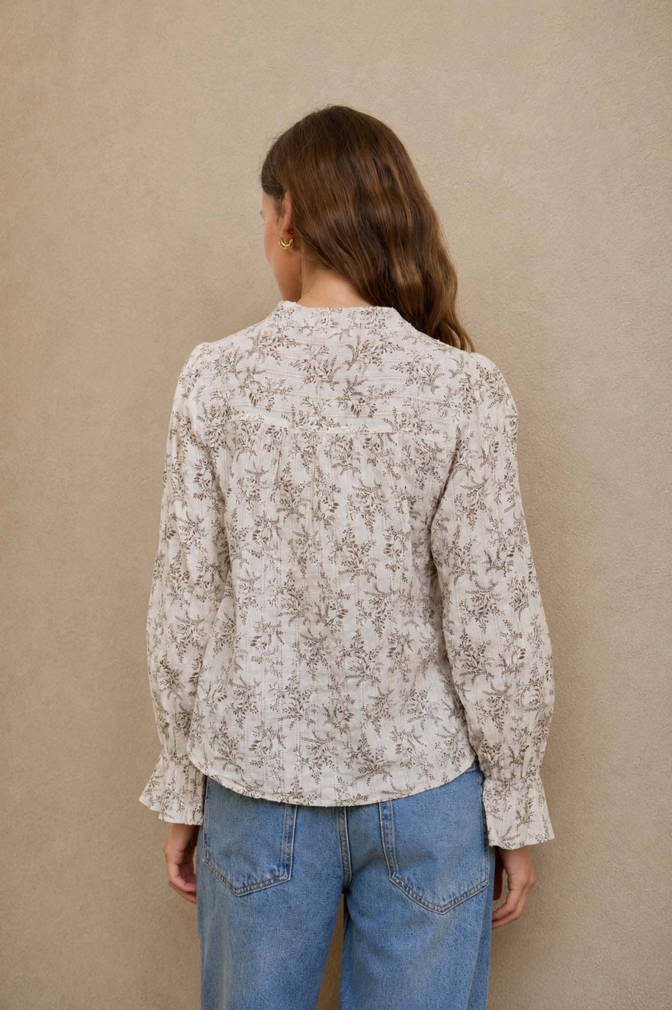 FLORAL LEAF PRINT SPLIT NECK LONG SLEEVE BLOUSE