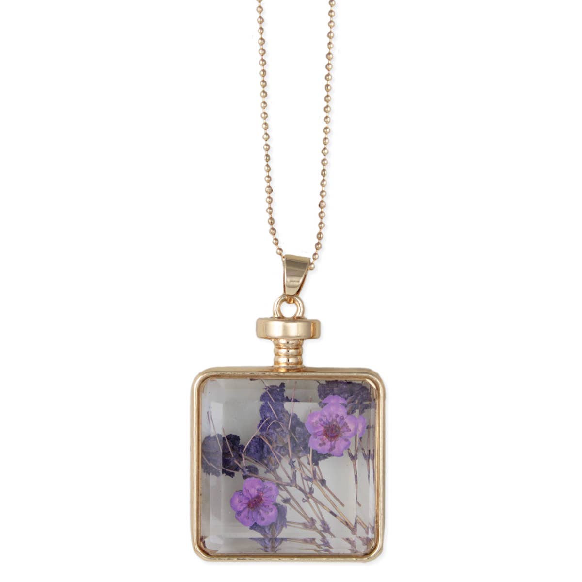 Faux Bottle Purple Dried Flower Gold Necklace