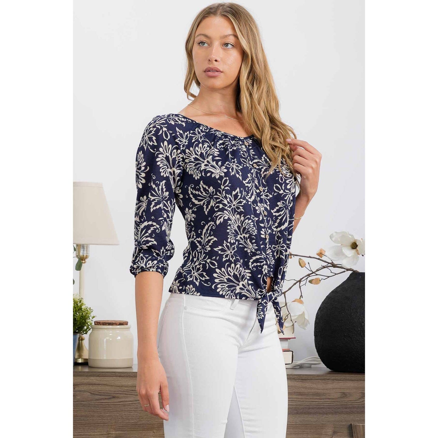 FLORAL KNIT GAUZE BUTTON FRONT TIE PEASANT