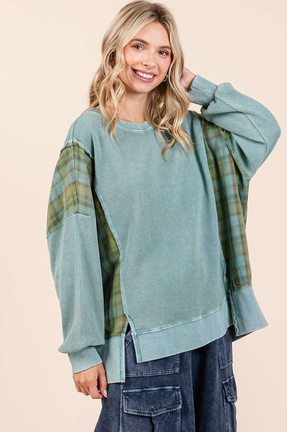 PLAID PANEL MINERAL WASH FRENCH TERRY SWEATSHIRT