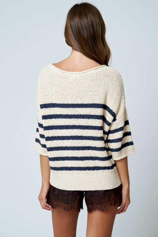 STRIPE TEXTURED KNIT HALF SLEEVE KNIT SWEATER (PRE-ORDER)