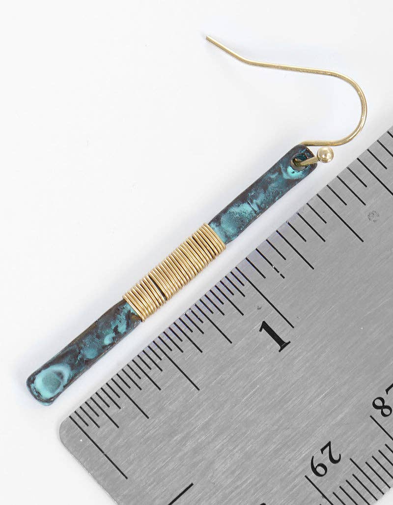 Two-tone Wire Wrapped Hammered Vertical Bar Dangle Drop Earrings