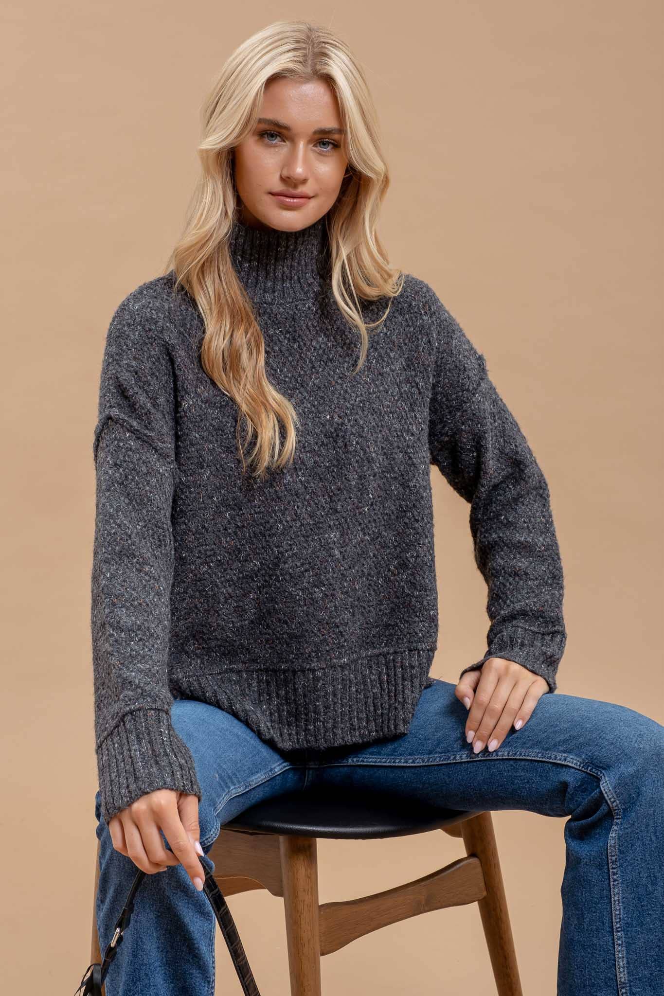 WOOL BLEND MOCK NECK LONG SLEEVE SWEATER