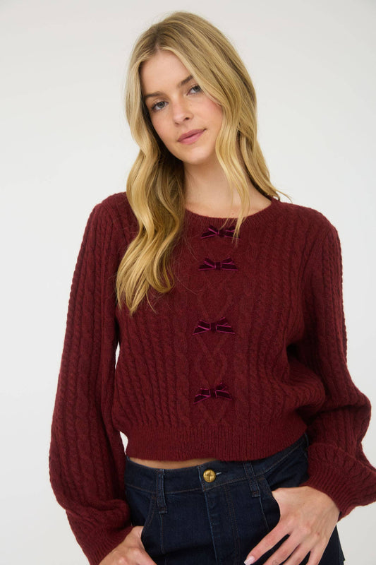 CABLE KNIT FRONT VELVET BOW DETAIL KNIT SWEATER