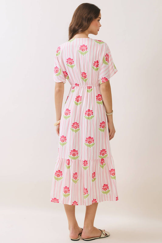 Floral Stripe Print V Neck Midi Dress
