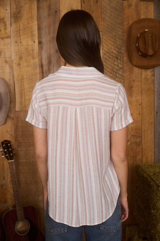 MULTICOLOR STRIPE SHORT SLEEVE BUTTON DOWN TOP