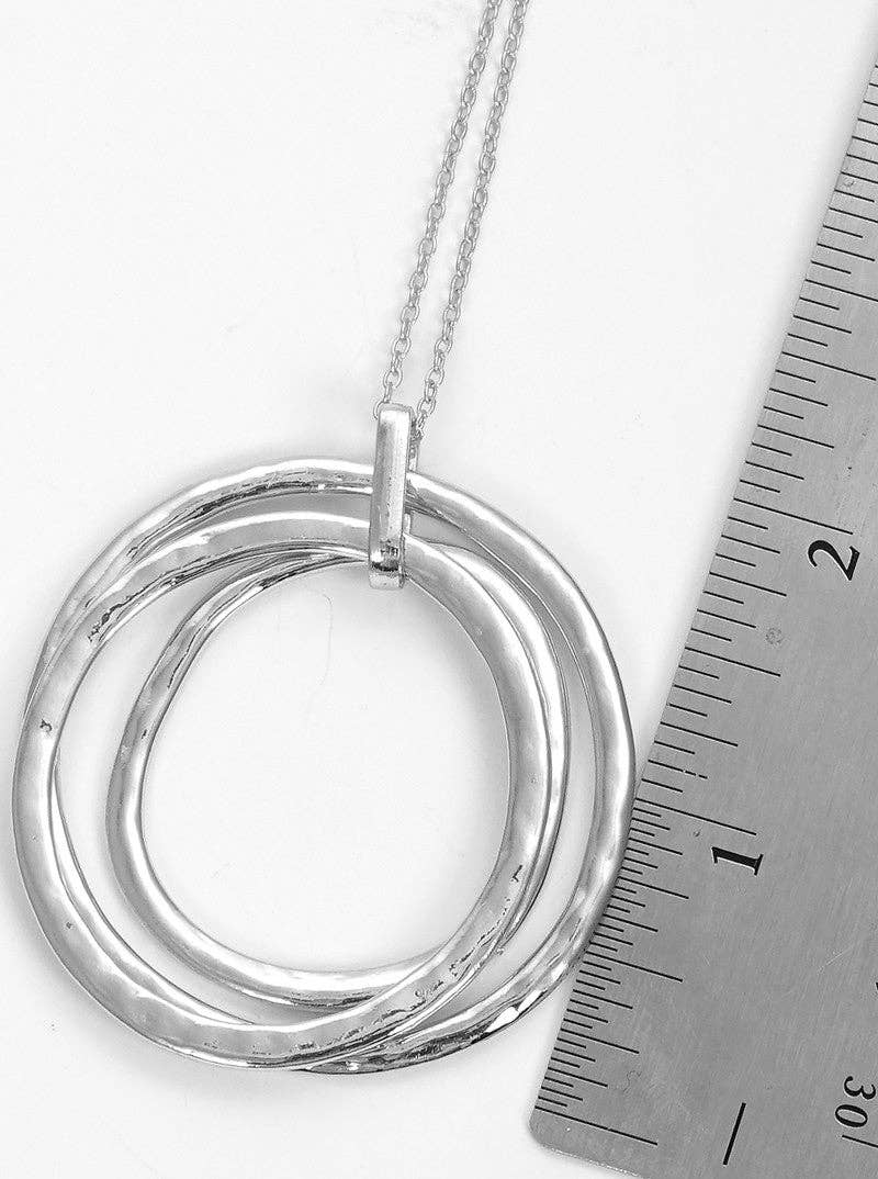 Hammered Metal Tri Circles Pendant Long Necklace