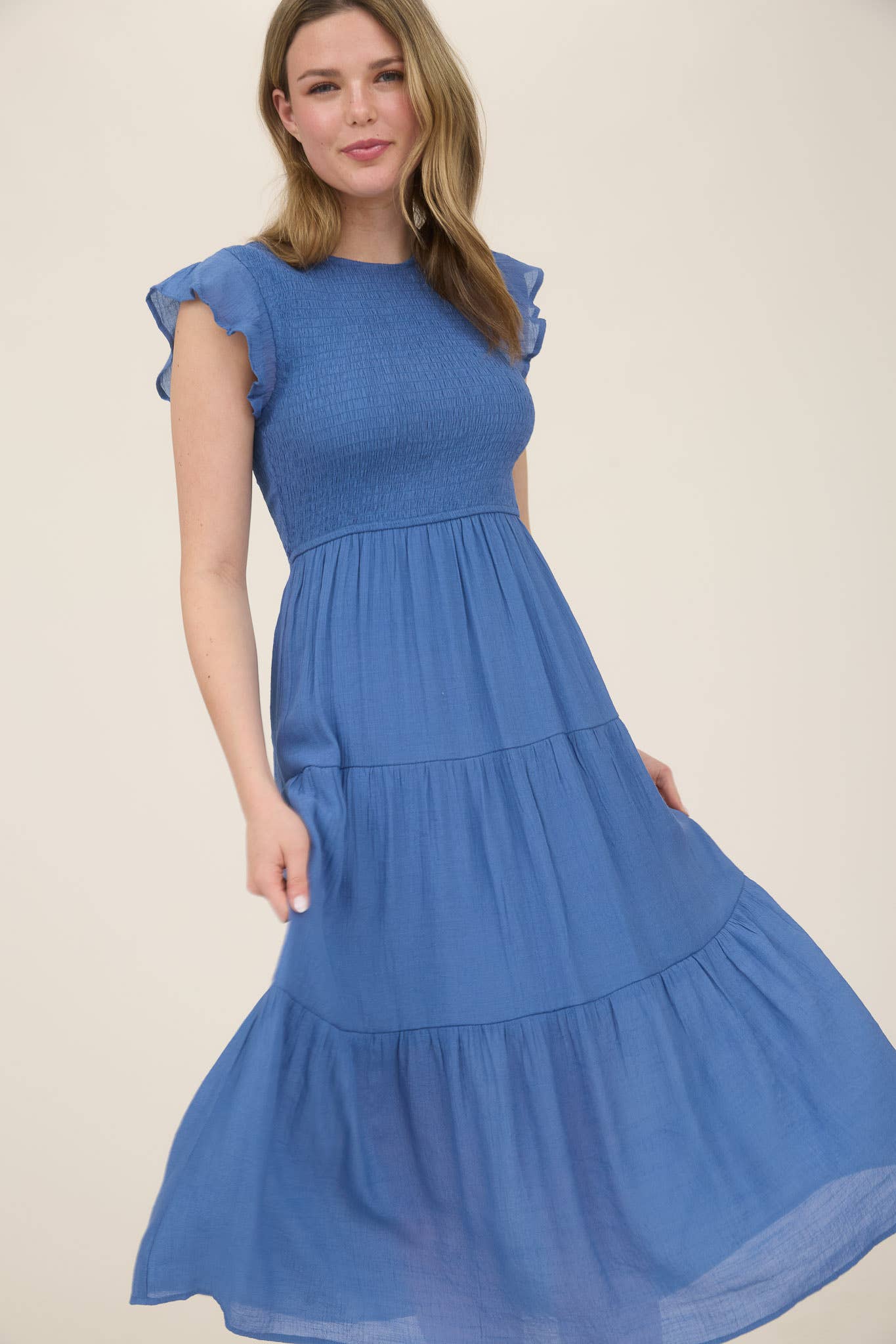 SMOCKED TIERED MIDI DRESS