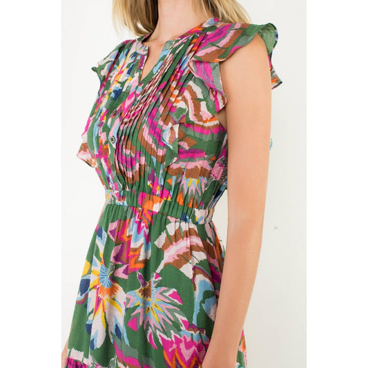 Pleated Ruffle Flutter Sleeve Midi Dress