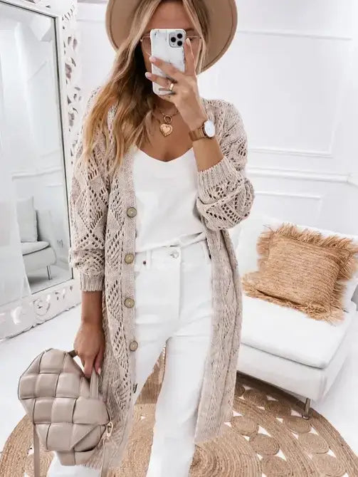 Khaki Hollow-out Openwork Knit Cardigan
