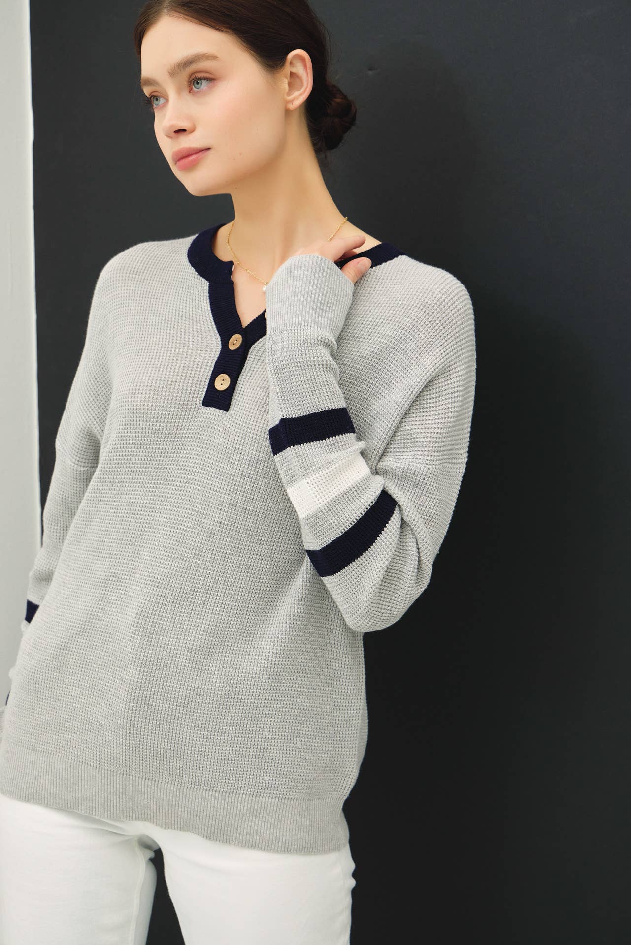 THREE STRIPED LONG SLEEVE WAFFLE KNIT HENLEY SWEATER