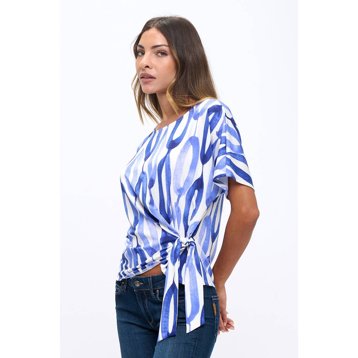 SHORT SLEEVE PRINTED ITY SIDE TIE DOLMAN