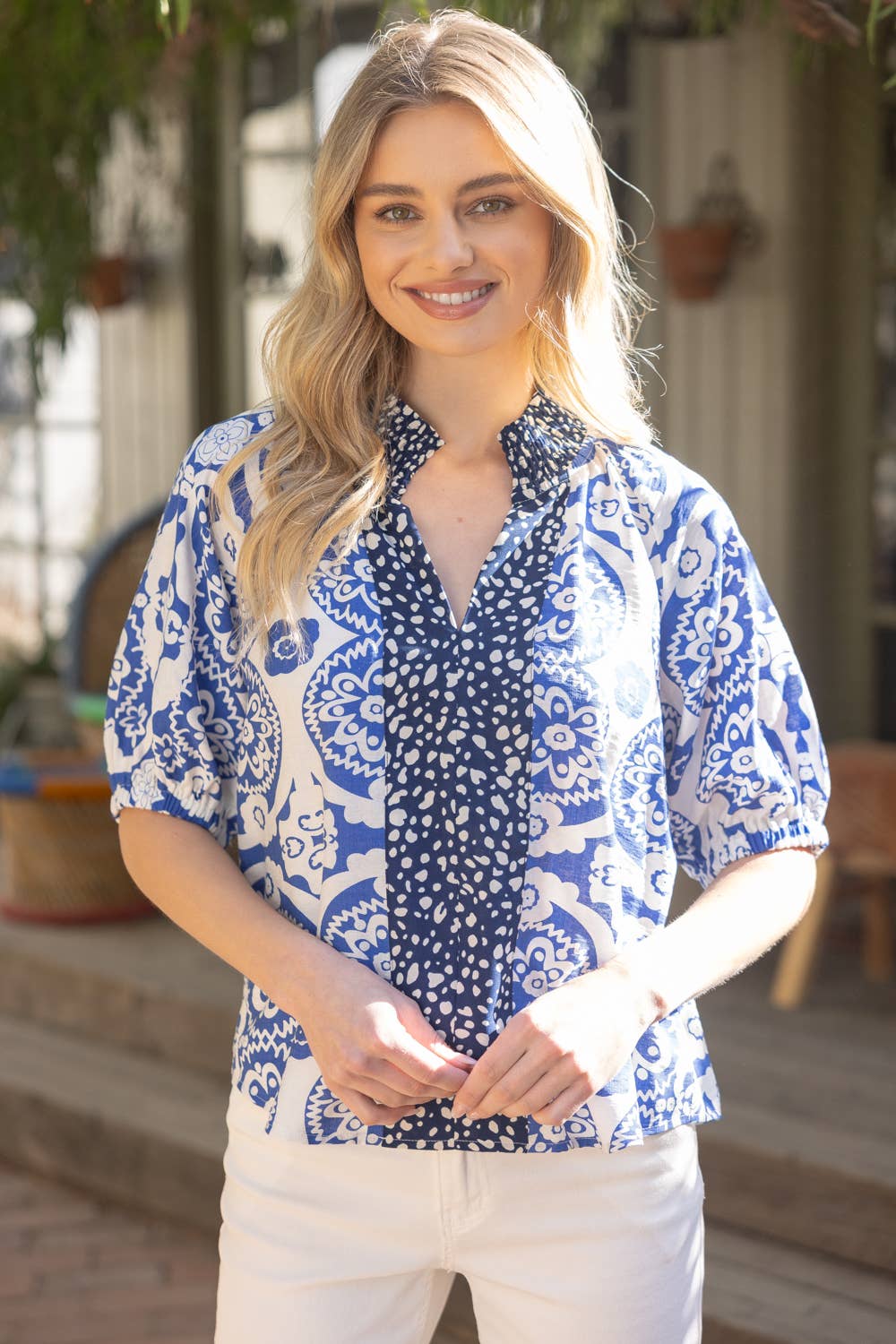 Floral Printed Smocked Collar Top