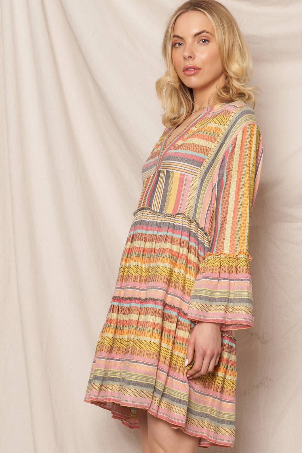 Multicolor Striped V-Neck Tiered Mini Dress
