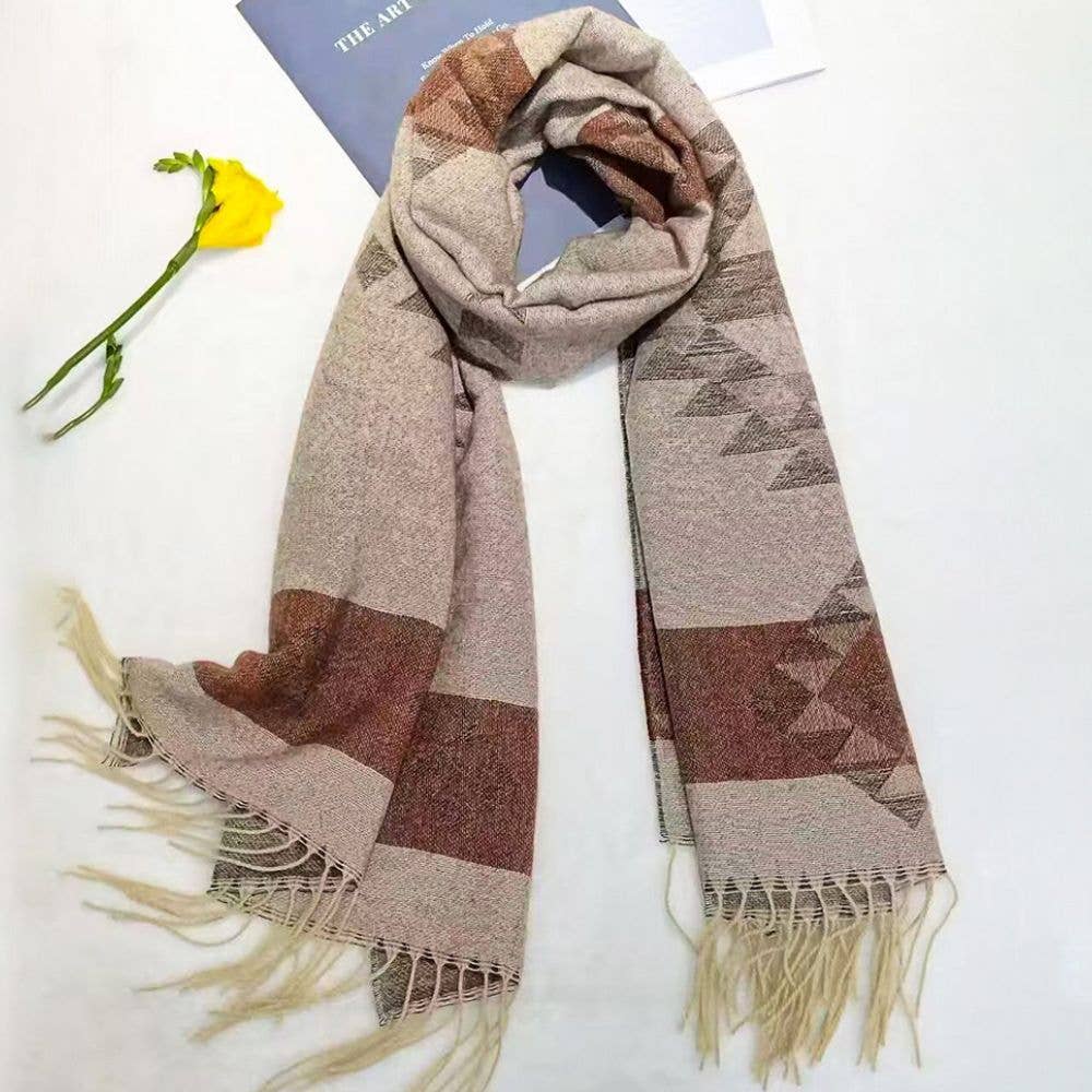 AZTEC PATTERN FRINGE EDGE KNIT OBLONG SCARF