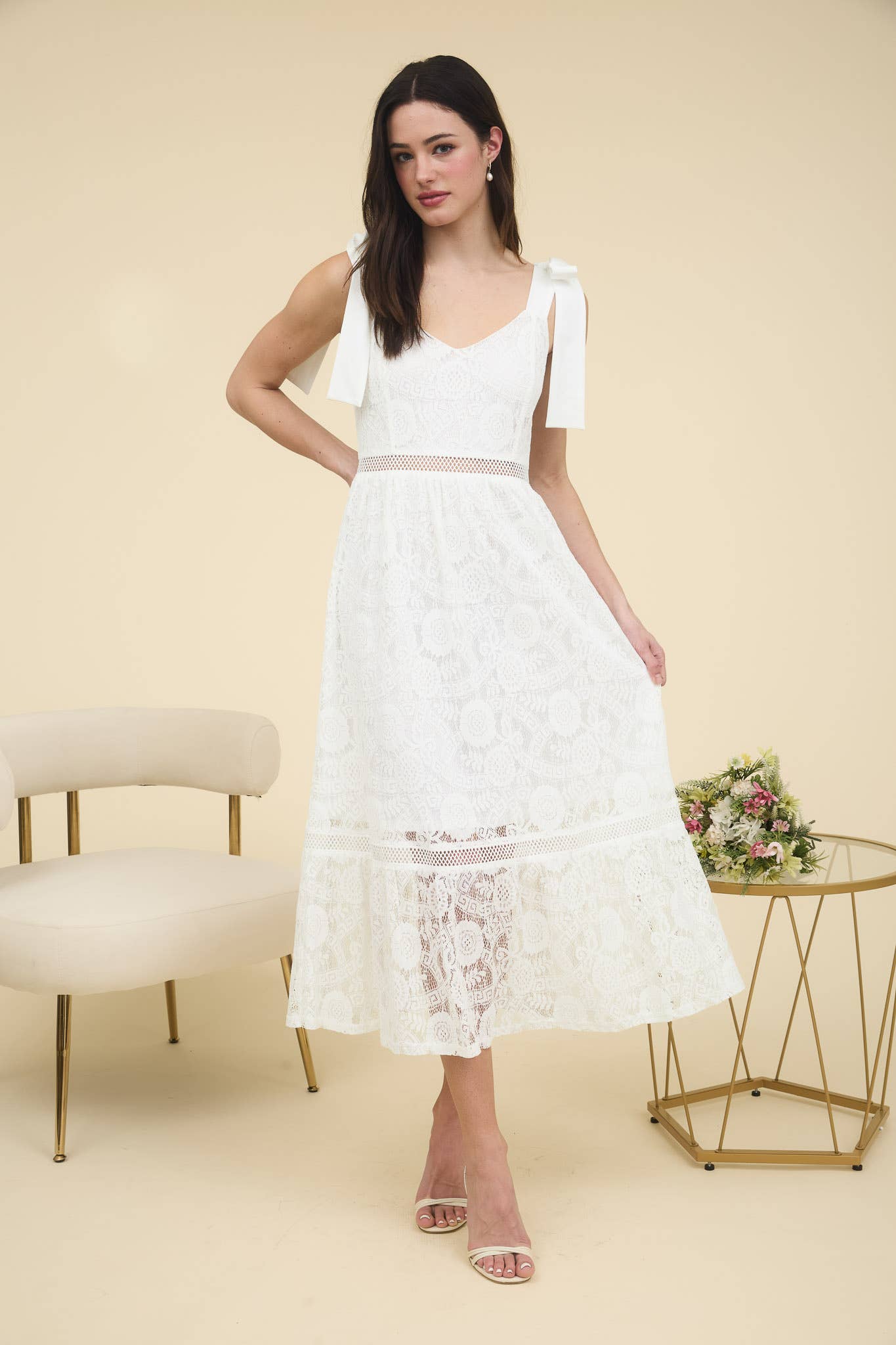 LACE TIE STRAP SHEER TRIM SLEEVELESS MIDI DRESS
