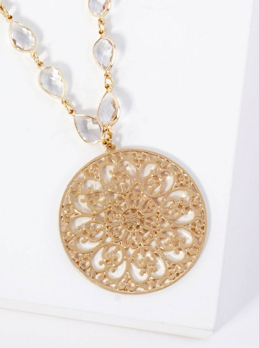 33 Inch Stenciled Round Medallion Long Pendant Necklace
