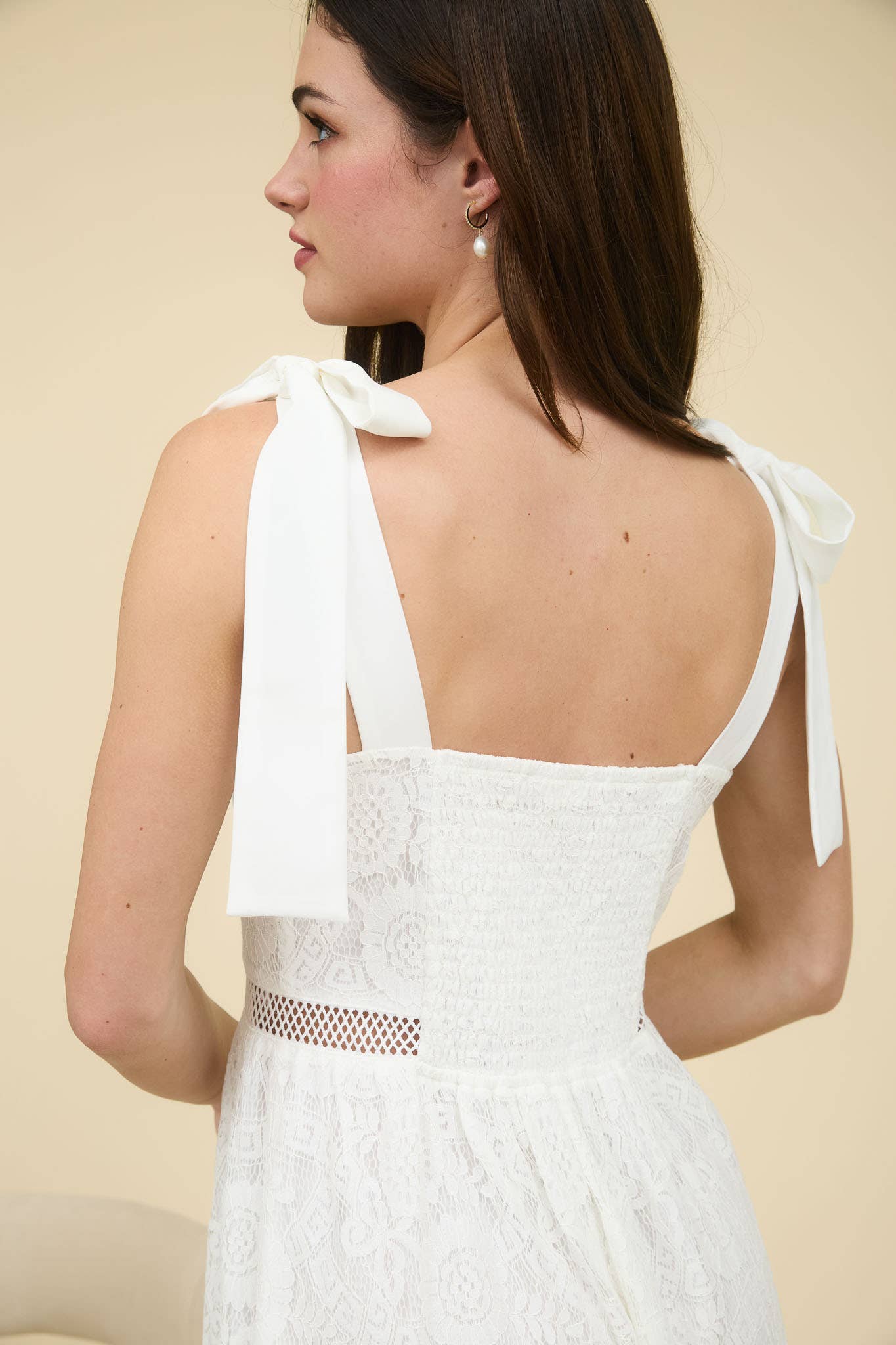 LACE TIE STRAP SHEER TRIM SLEEVELESS MIDI DRESS