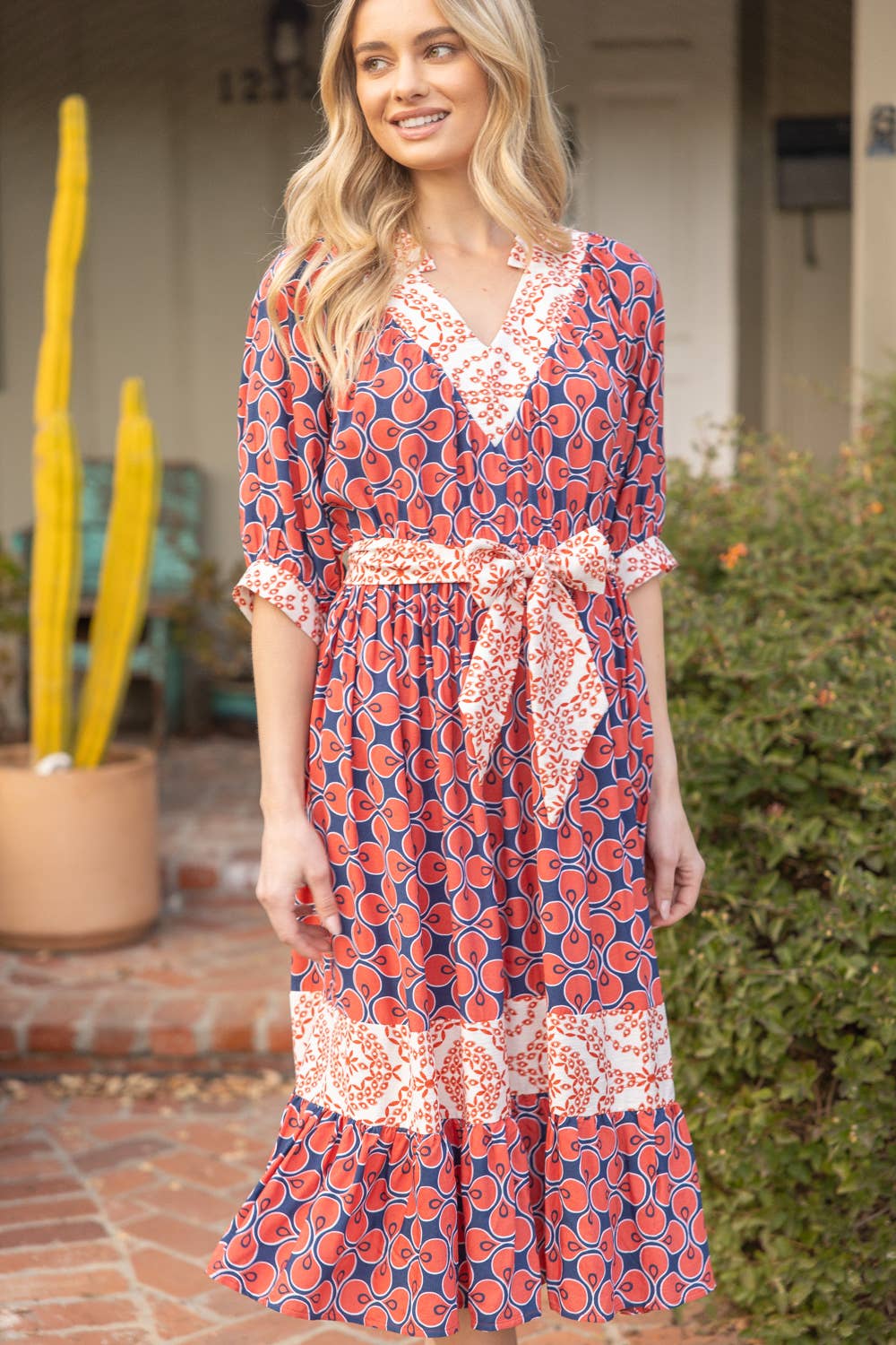 Mixed Print Waist Tie Dress