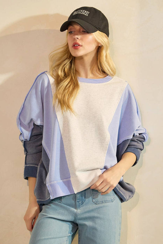 MINERAL WASH COLOR BLOCK DOLMAN SLEEVE PULLOVER