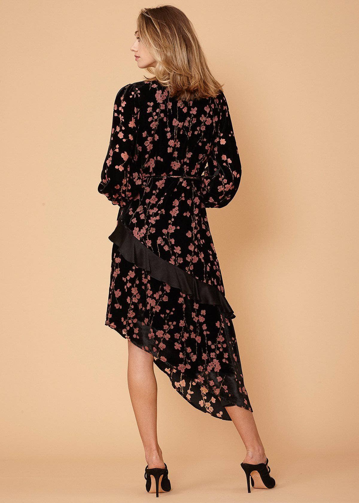 Velvet Asymmetric Floral Wrap Dress