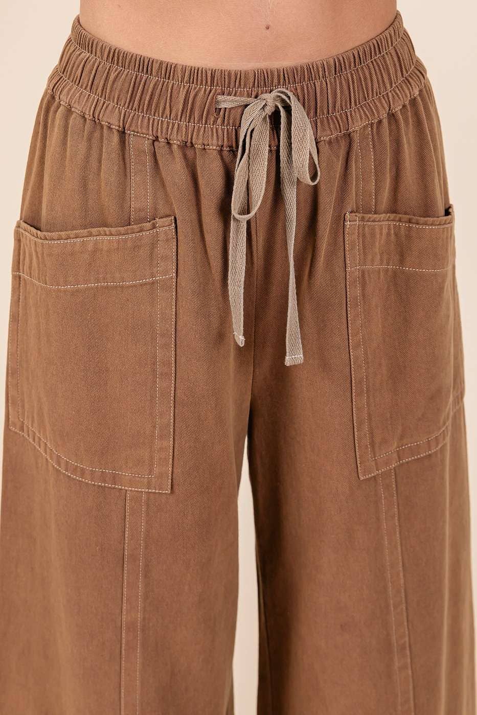 MINERAL WASH WIDE LEG ELASTIC WAIST TWILL PANTS