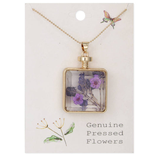 Faux Bottle Purple Dried Flower Gold Necklace