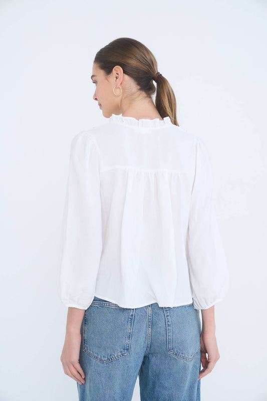 3/4 SLEEVE RUFFLE TRIM PINTUCK DETAIL BLOUSE