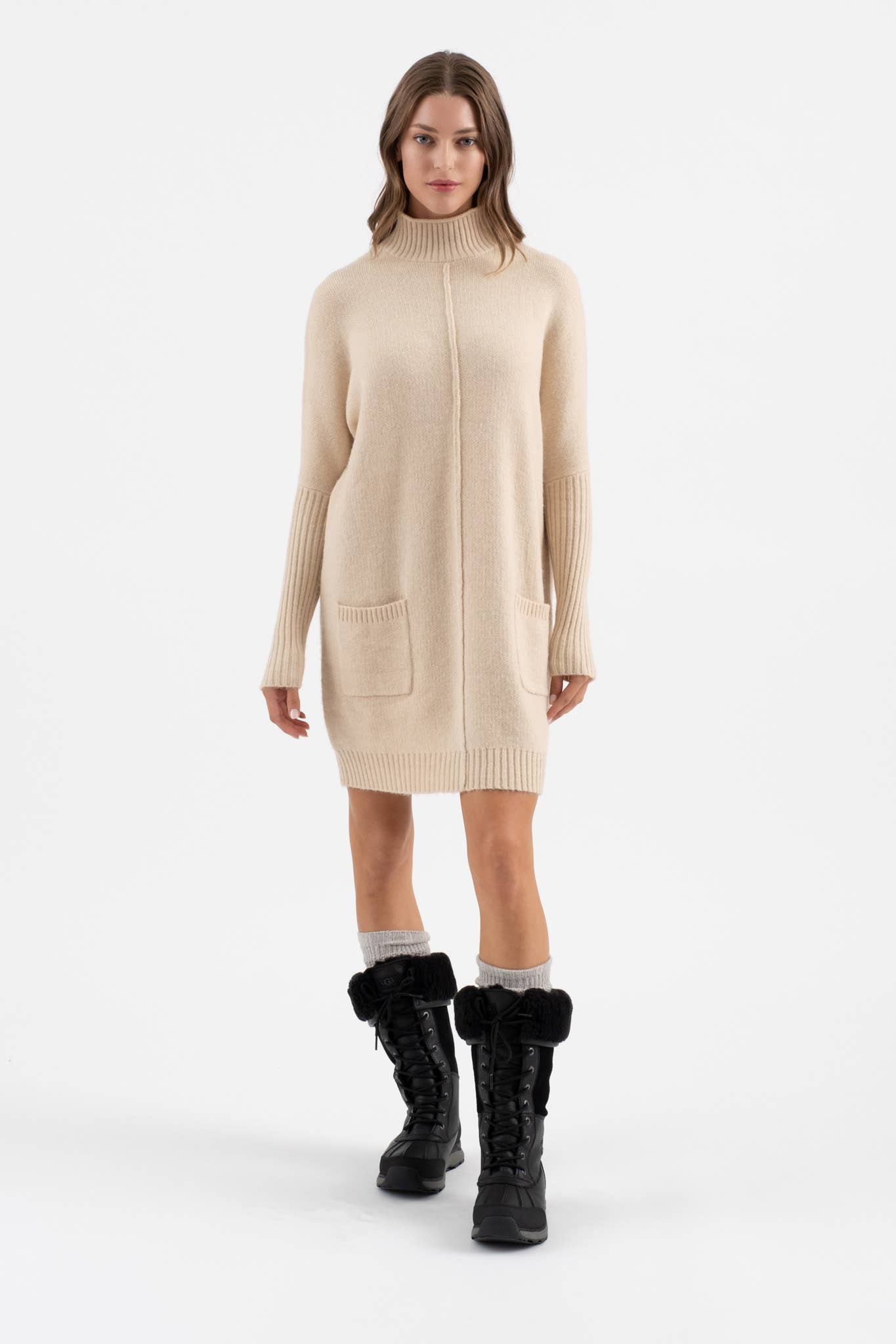 Mock Neck Front Seam Sweater Dress