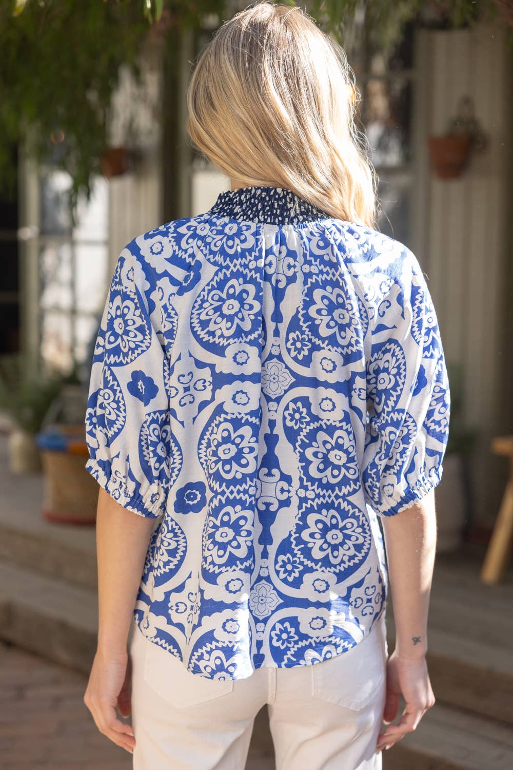 Floral Printed Smocked Collar Top