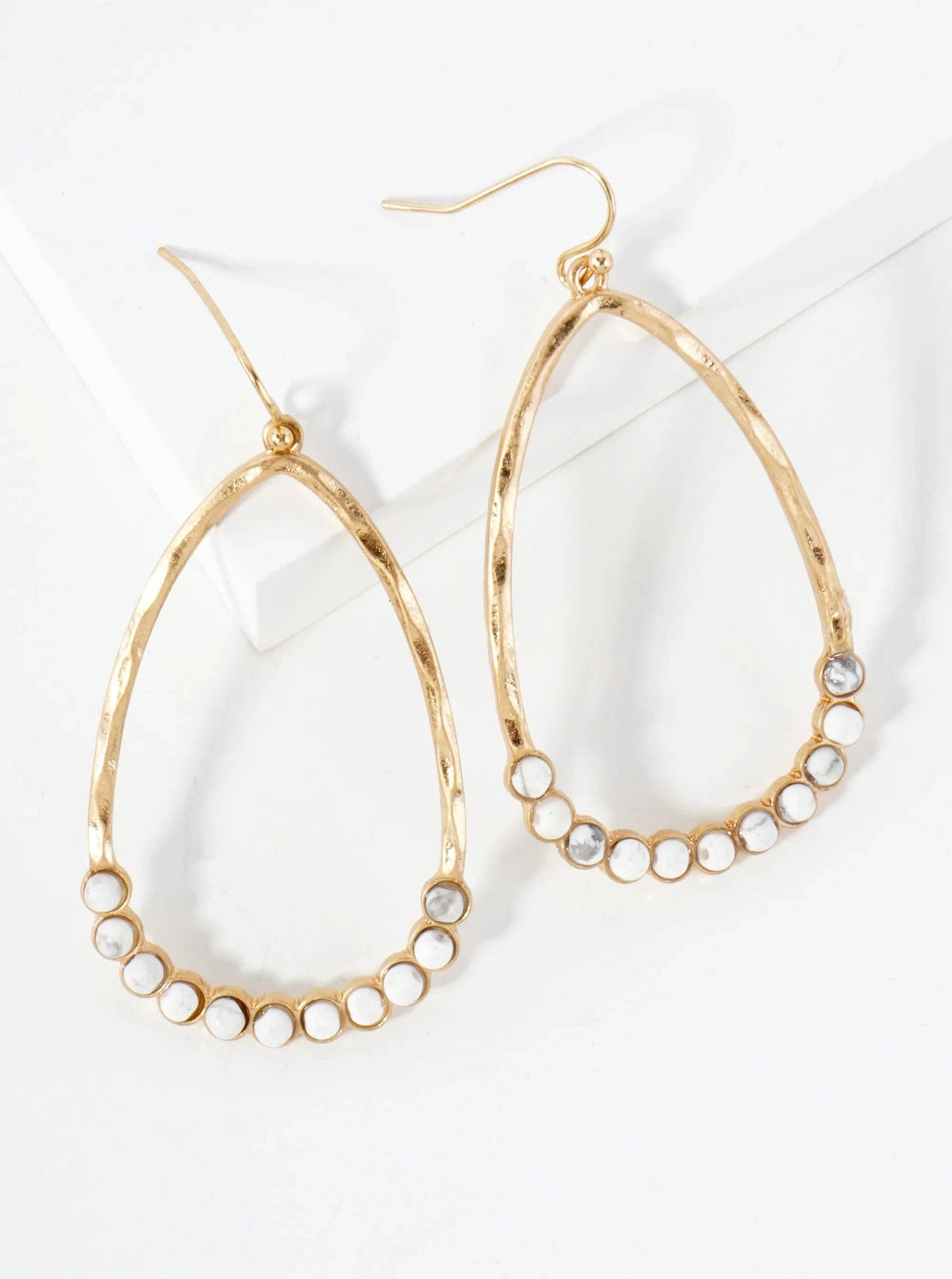 Semi-Precious Natural-Stone Beaded Hammered-Texture Teardrop Dangle Earrings