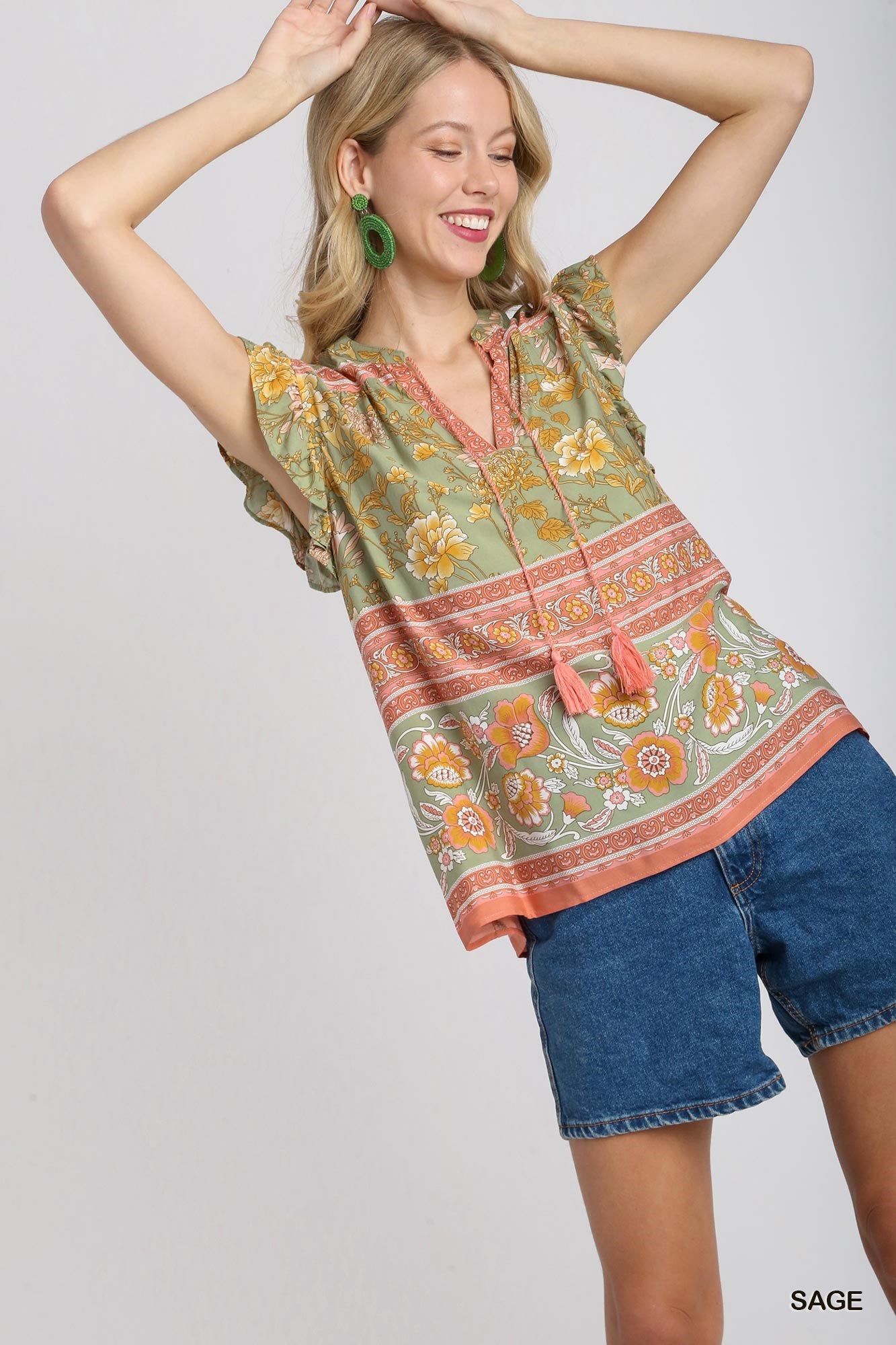 Boxy Cut Border Print Split Neck Top