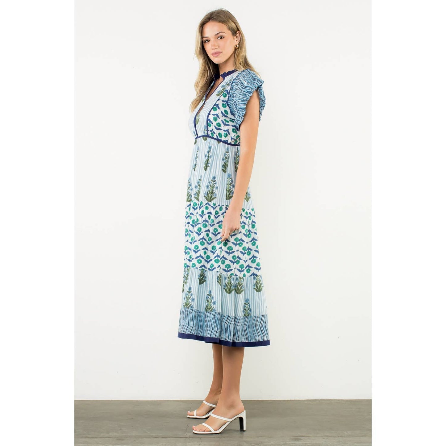 Striped Flutter Sleeve Floral Maxi Dress