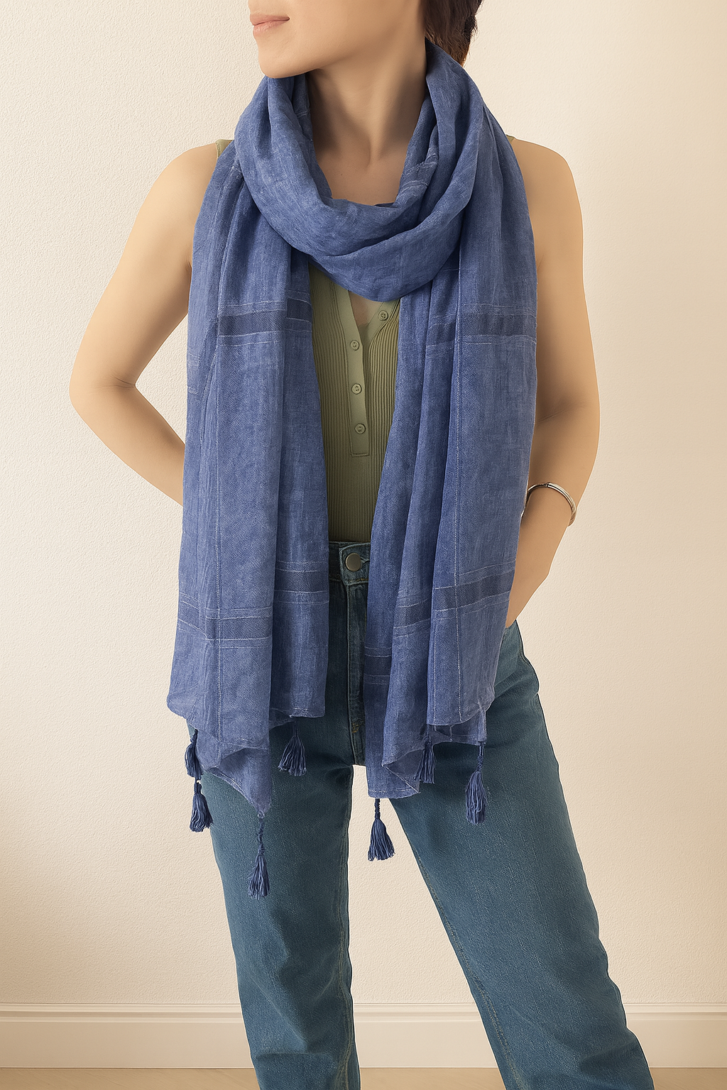 Navy Blue Plaid Garment Dye Cotton Scarf with Tassels