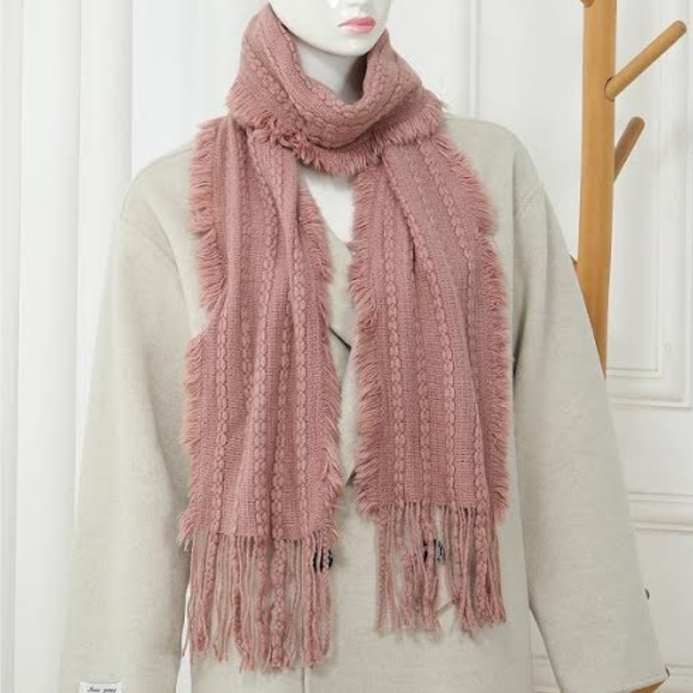SOFT KNIT FRINGED BRAIDED OBLONG SCARF