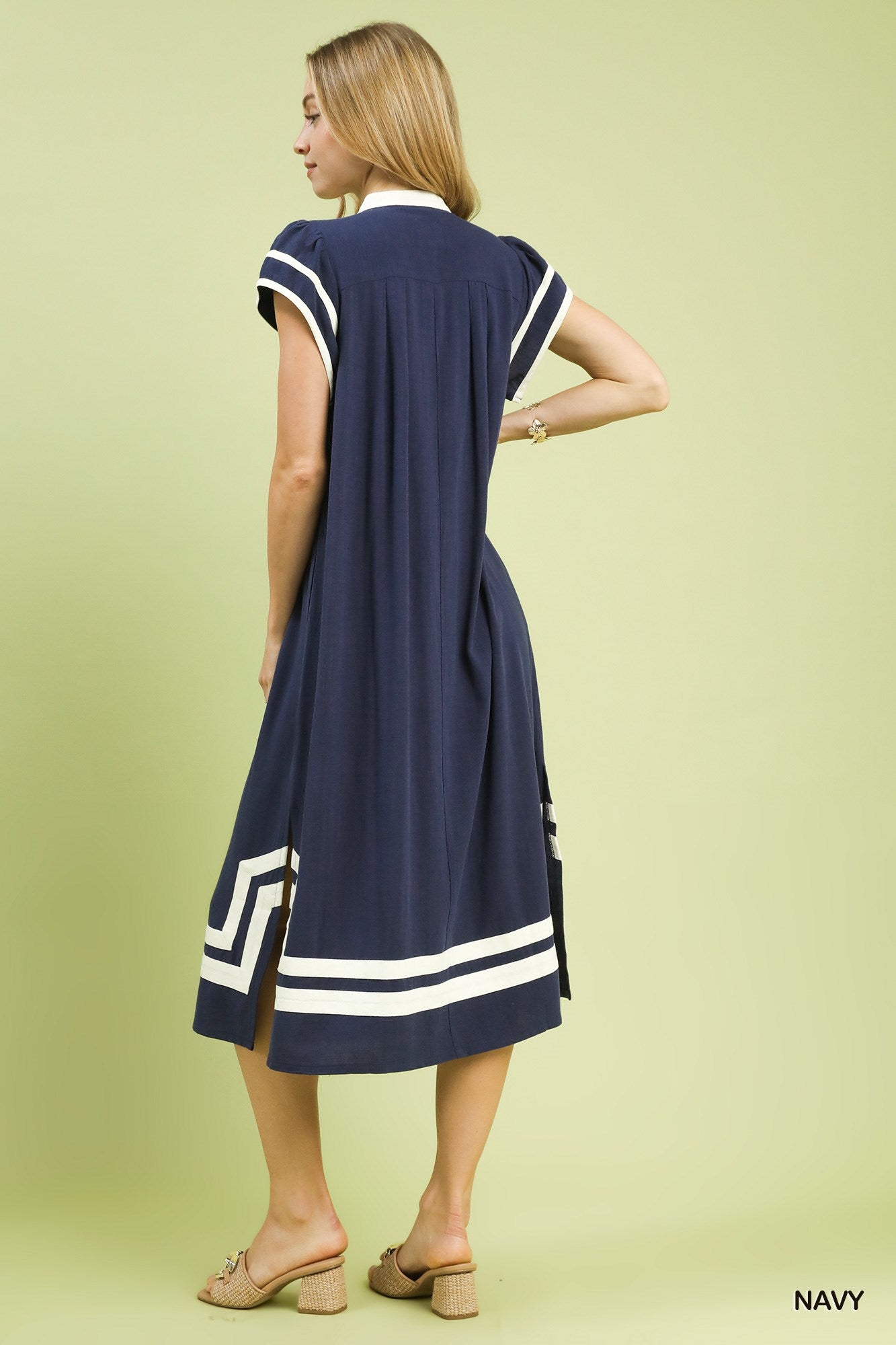 Linen Cotton Contrast Neck Midi Dress