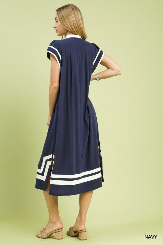 Linen Cotton Contrast Neck Midi Dress