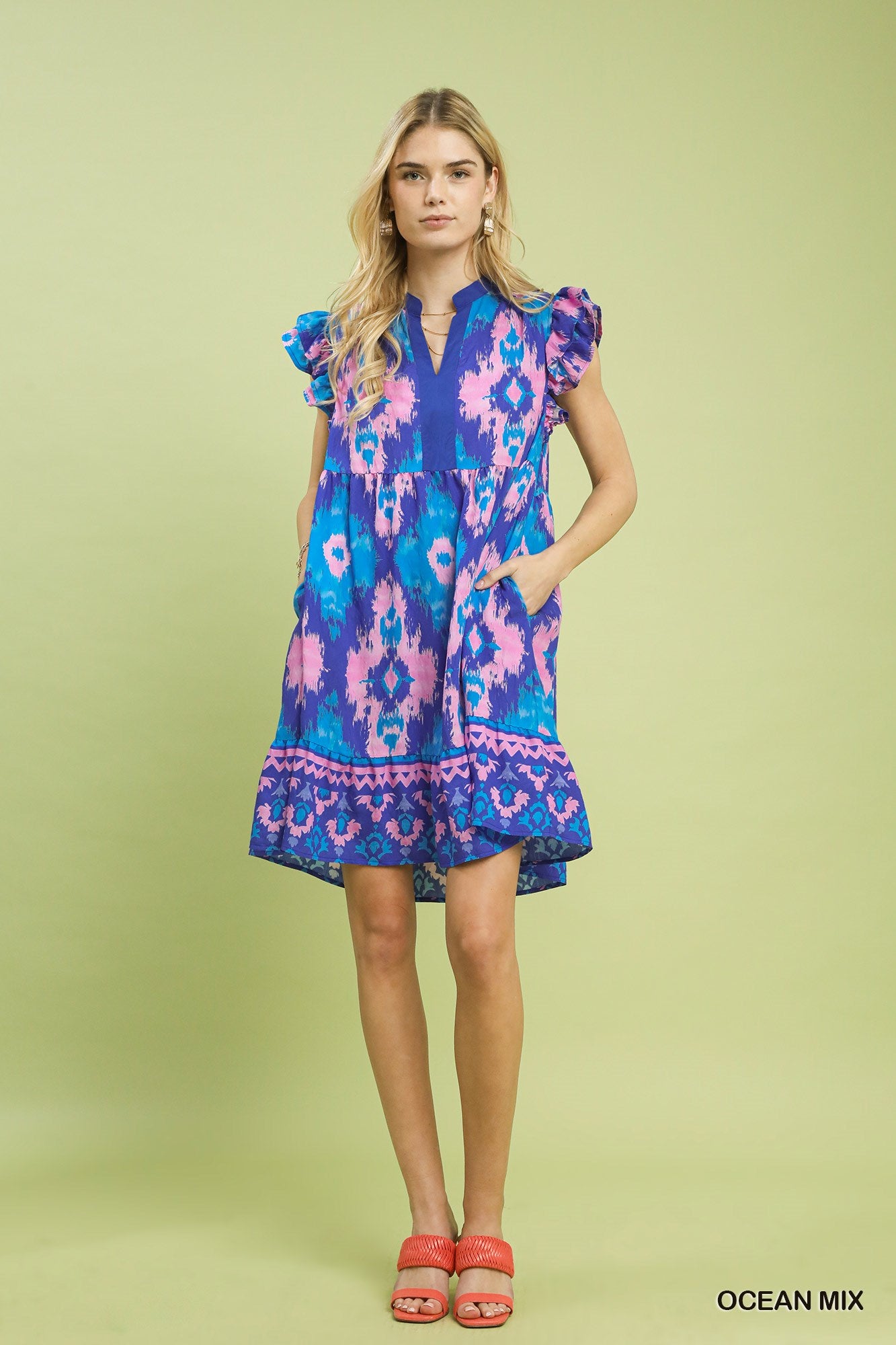 Abstract Print Flutter Sleeve Dress