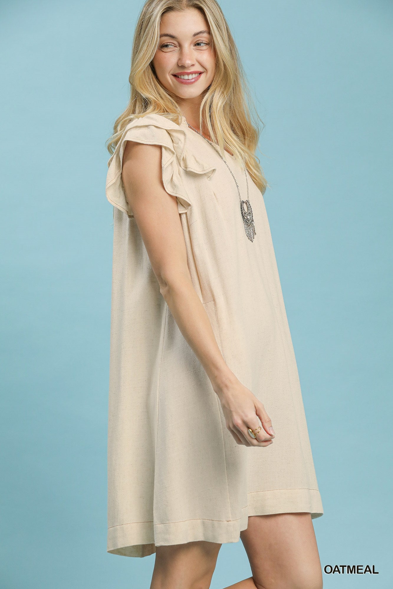Linen Flutter Sleeve Shift Dress