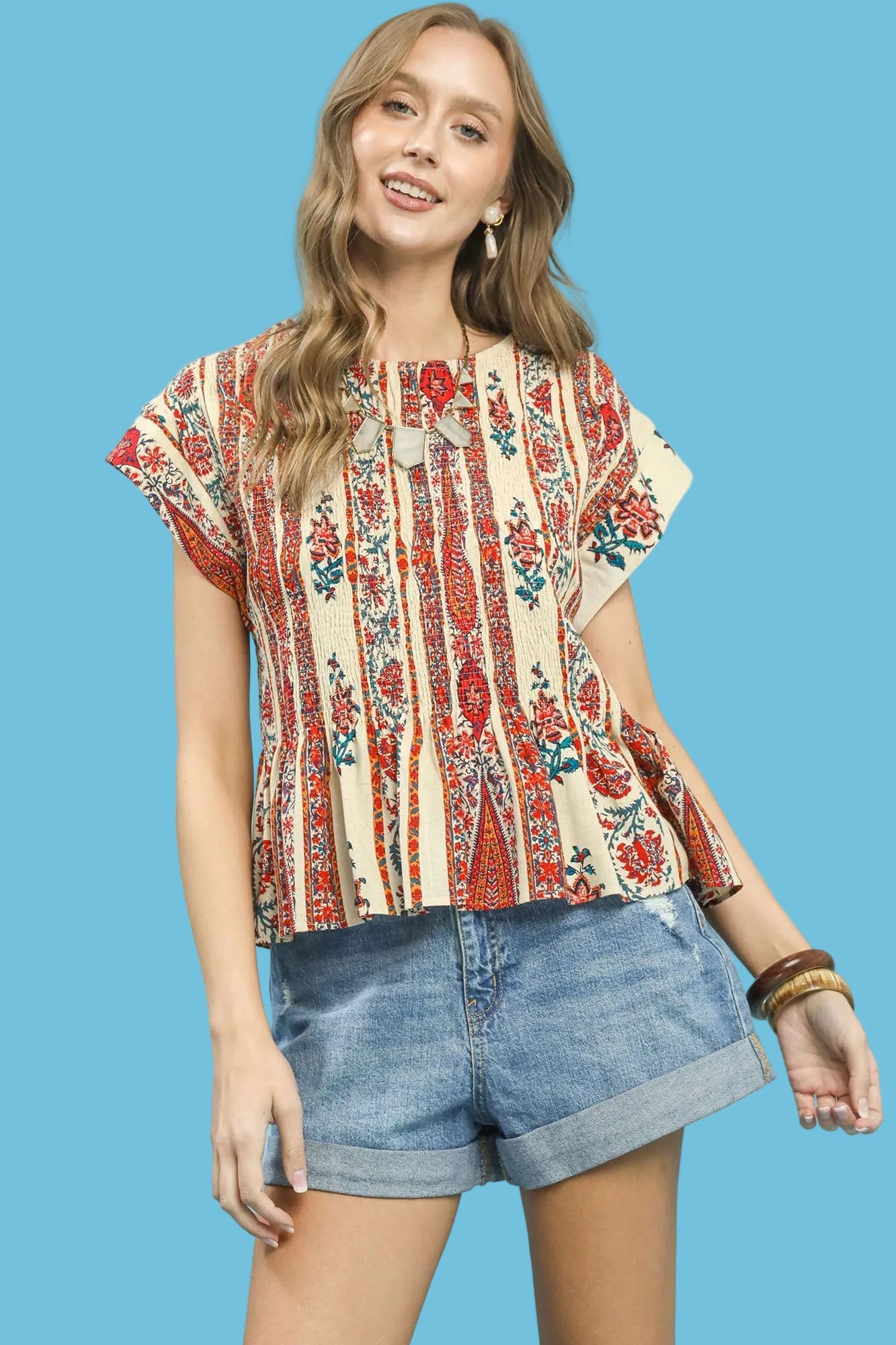 Linen Printed Cap Sleeve Top